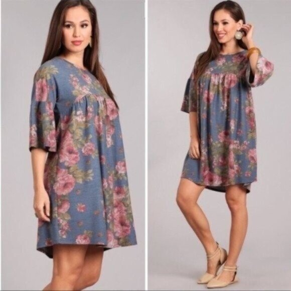 Blue Floral Baby Doll Dress Women Medium Bell Sleeve  Cottagecore Relaxed Fit - Picture 4 of 7